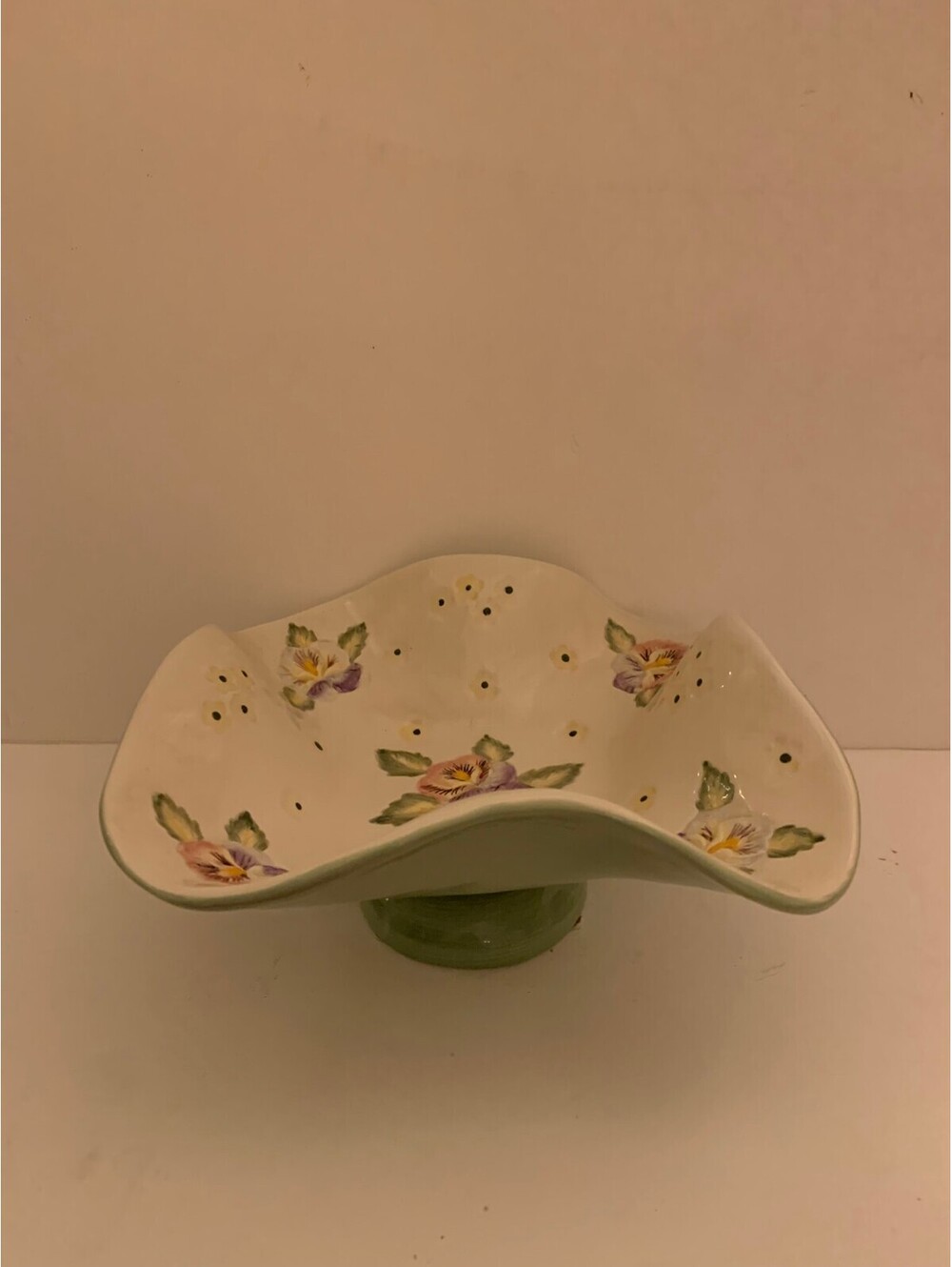 Large Pottery Centerpiece Scalloped Edge Compote Pedestal Bowl Floral Pansies